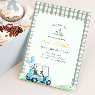 Green Gingham Kids Golf First Birthday Invitation