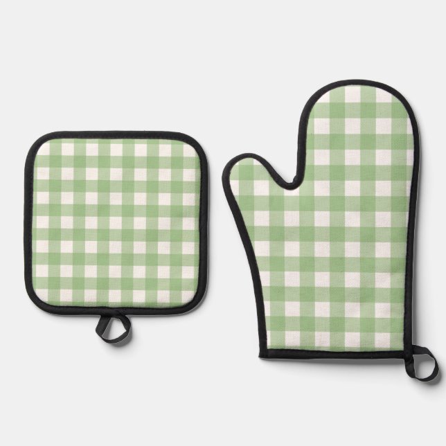 Green Gingham Kitchen Gloves Oven Mitt & Pot Holder Set (Front)