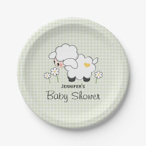 Green Gingham Lamb Baby Shower Paper Plates
