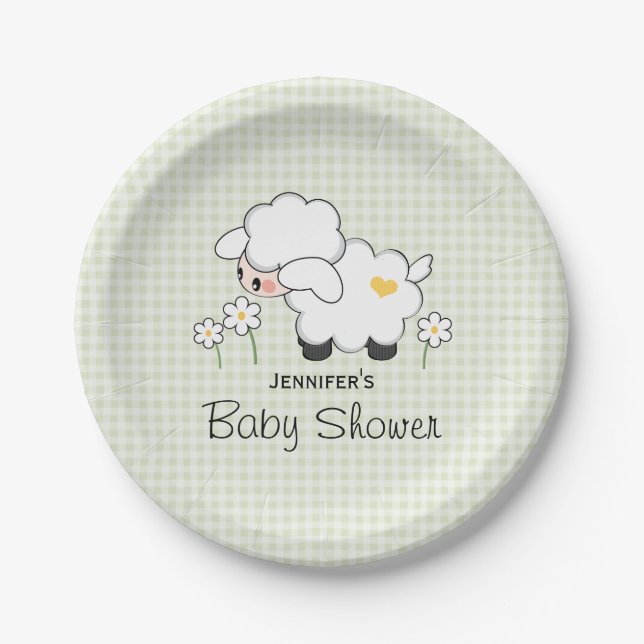 Green Gingham Lamb Baby Shower Paper Plates (Front)
