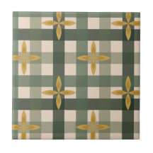 Green Gingham & Leaves Ceramic Tile 