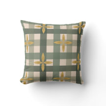 Green Gingham & Leaves Throw Pillow 