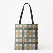 Green Gingham & Leaves Tote Bag