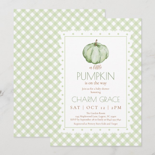 Green Gingham Little Pumpkin Baby Shower Invite (Front/Back)