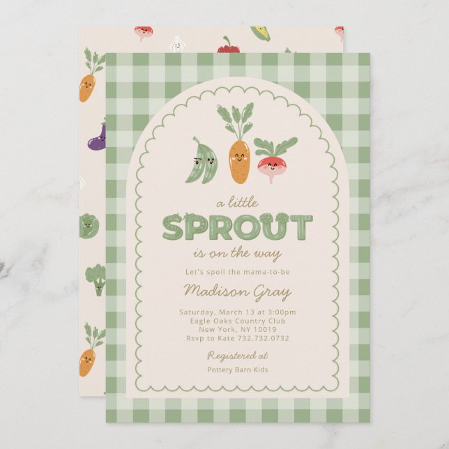 Green Gingham Little Sprout on the Way Baby Shower Invitation (Front/Back)