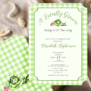 Green Gingham Locally Grown Baby Shower Invitation