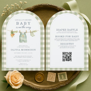 Green Gingham Locally Grown QR Code Baby Shower Invitation