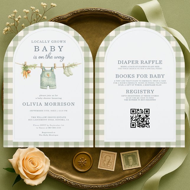 Green Gingham Locally Grown QR Code Baby Shower Invitation (Creator Uploaded)