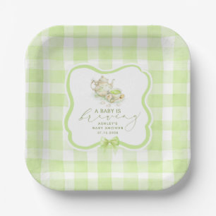 Green Gingham Matcha Tea Party Baby Shower Paper Plates