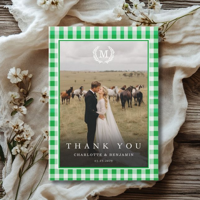 Green Gingham Monogram Crest 2 Photo  Thank You Card (Green Gingham Monogram Crest 2 Photo Thank You Card)