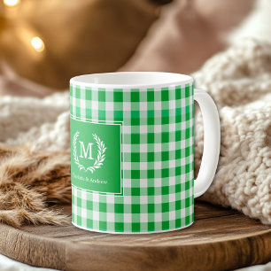 Green Gingham Monogram Crest Custom Coffee Mug