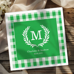 Green Gingham Monogram Crest Custom Napkins