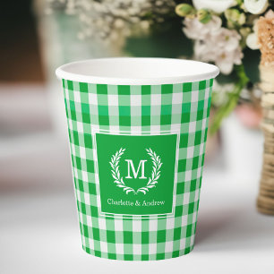 Green Gingham Monogram Crest Custom Paper Cups