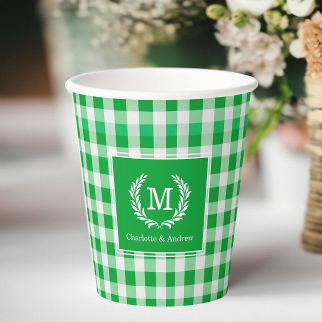 Green Gingham Monogram Crest Custom Paper Cups (Green Gingham Monogram Crest Custom Paper Cups with your Monogram & Name or Text.)