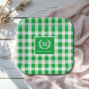 Green Gingham Monogram Crest Custom Paper Plates