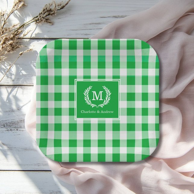 Green Gingham Monogram Crest Custom Paper Plates (Green Gingham Monogram Crest Custom Paper Plates with your Monogram and Names.)