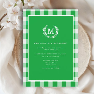 Green Gingham Monogram Crest  Invitation