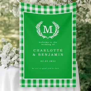 Green Gingham Monogram Crest Wedding Welcome Banner