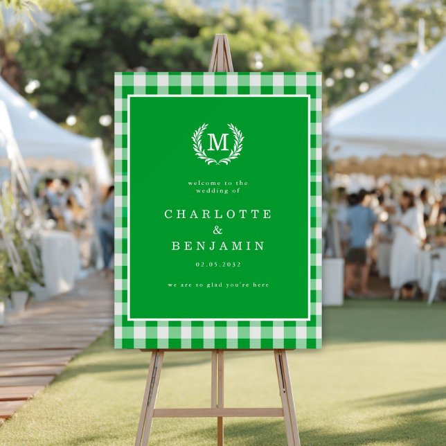 Green Gingham Monogram Crest Wedding Welcome Foam Board (Green Gingham Monogram Crest Wedding Welcome Foam Board)