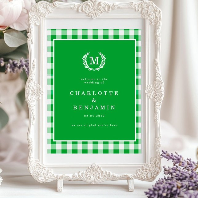 Green Gingham Monogram Crest Wedding Welcome Poster (Green Gingham Monogram Crest Wedding Welcome Poster)