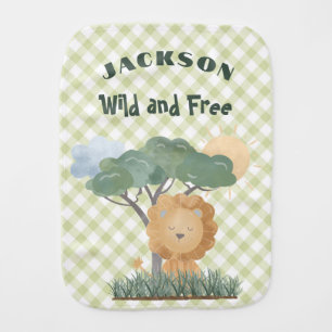 Green Gingham Name Boho Lion Matching Twin Baby Burp Cloth