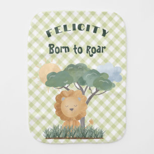 Green Gingham Name Boho Lion Matching Twin Baby Burp Cloth