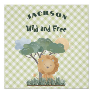 Green Gingham Name Boho Lion Matching Twin Poster