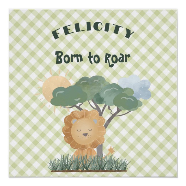 Green Gingham Name Boho Lion Matching Twin Poster (Front)