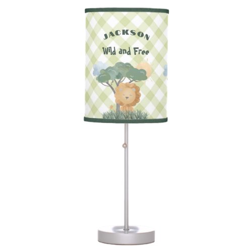 Green Gingham Name Boho Lion Matching Twin Table Lamp