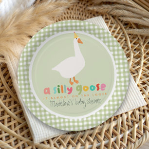 Green Gingham Neutral Silly Goose Baby Shower Paper Plates