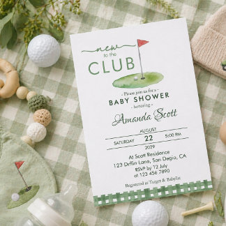 Green Gingham New To The Club Golf Baby Shower Invitation