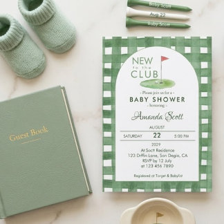 Green Gingham New To The Club Golf  Baby Shower   Invitation