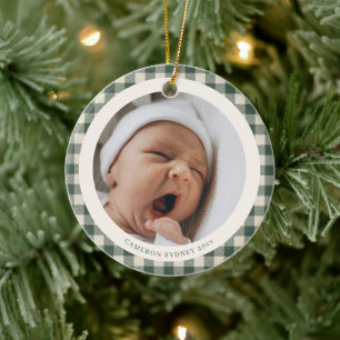 Green Gingham Newborn Photo Holiday Keepsake Ceramic Ornament