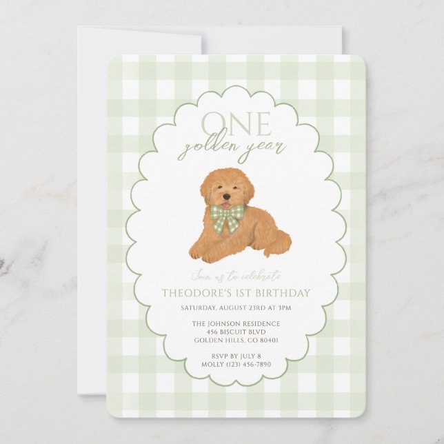 Green Gingham One Golden Year First Birthday Puppy Invitation (Front)