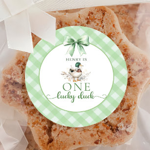 Green Gingham One Lucky Duck 1st Birthday Sticker