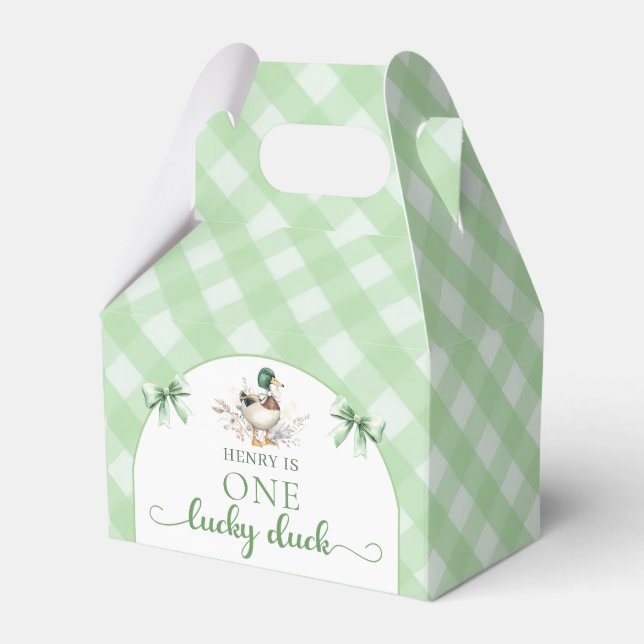 Green Gingham One Lucky Duck Birthday Favor Box (Front Side)