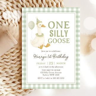 Green Gingham One Silly Goose Birthday Invitation