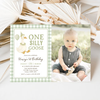 Green Gingham One Silly Goose Birthday Photo Invitation