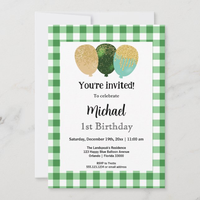 Green Gingham, Party Balloons 1st Birthday Invitation (Front)