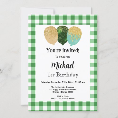 Green Gingham Party Balloons 1st Birthday Invitation
