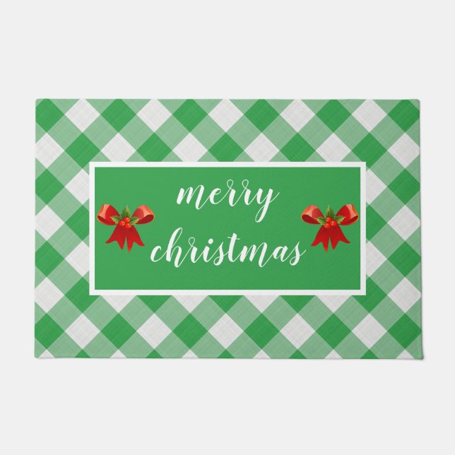 Green Gingham Pattern Merry Christmas Custom Doormat (Front)