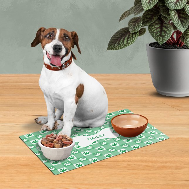 Green Gingham Paw Prints Custom Dog Bone Pet Placemat (Creator Uploaded)