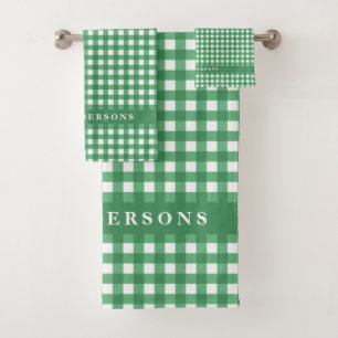 Green Gingham Personalized Family Name Bathroom Bath Towel Set