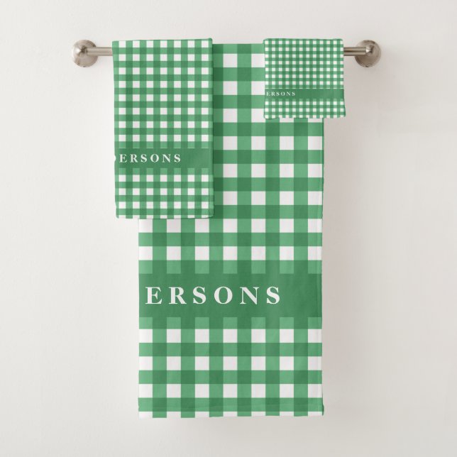 Green Gingham Personalized Family Name Bathroom Bath Towel Set (Insitu)