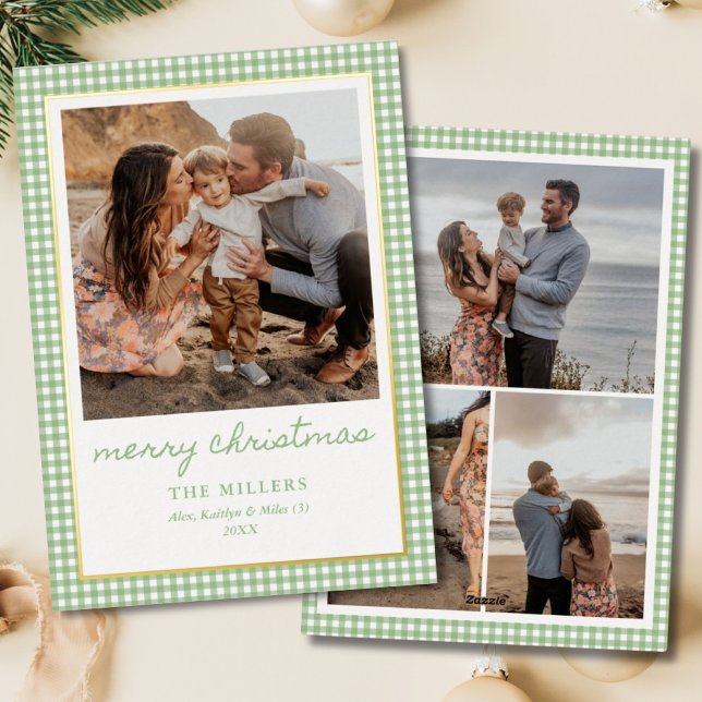 Green Gingham Plaid 4 Photo Family Christmas Gold Foil Holiday Card (Green Gingham Plaid 4 Photo Family Christmas Gold Foil Holiday Card
)