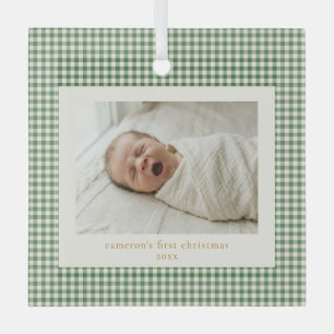 Green Gingham Plaid Custom Baby First Christmas Glass Ornament