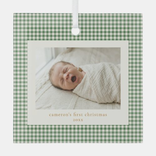 Green Gingham Plaid Custom Baby First Christmas Glass Ornament
