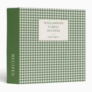 Green Gingham Plaid Custom Family Recipe Volume 3 Ring Binder