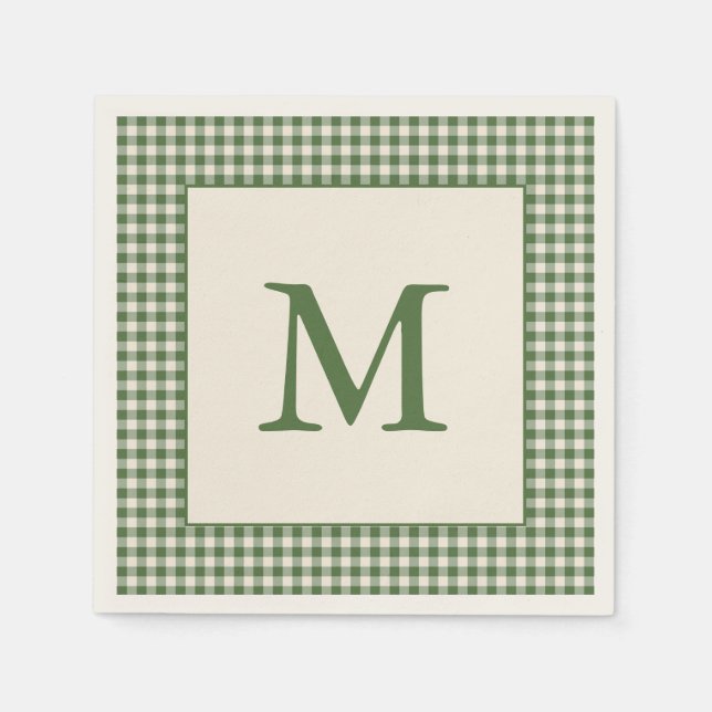 Green Gingham Plaid Custom Monogram Initial Letter Napkins (Front)