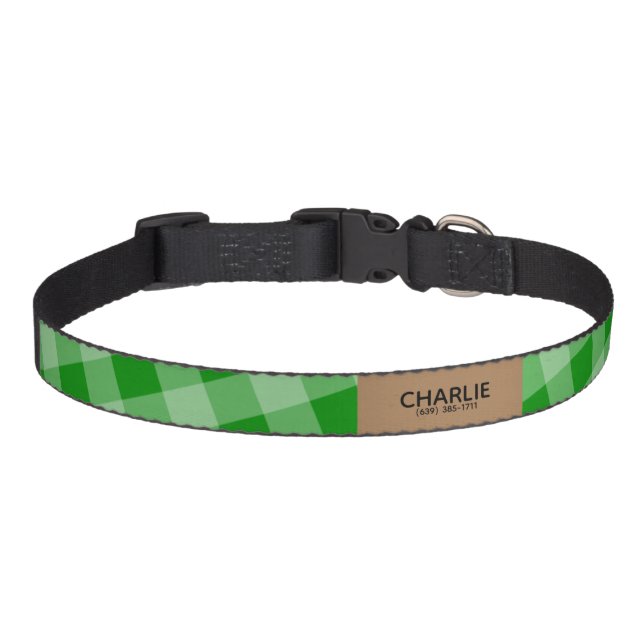 Green Gingham Plaid Custom Name Phone  Pet Collar (Front)